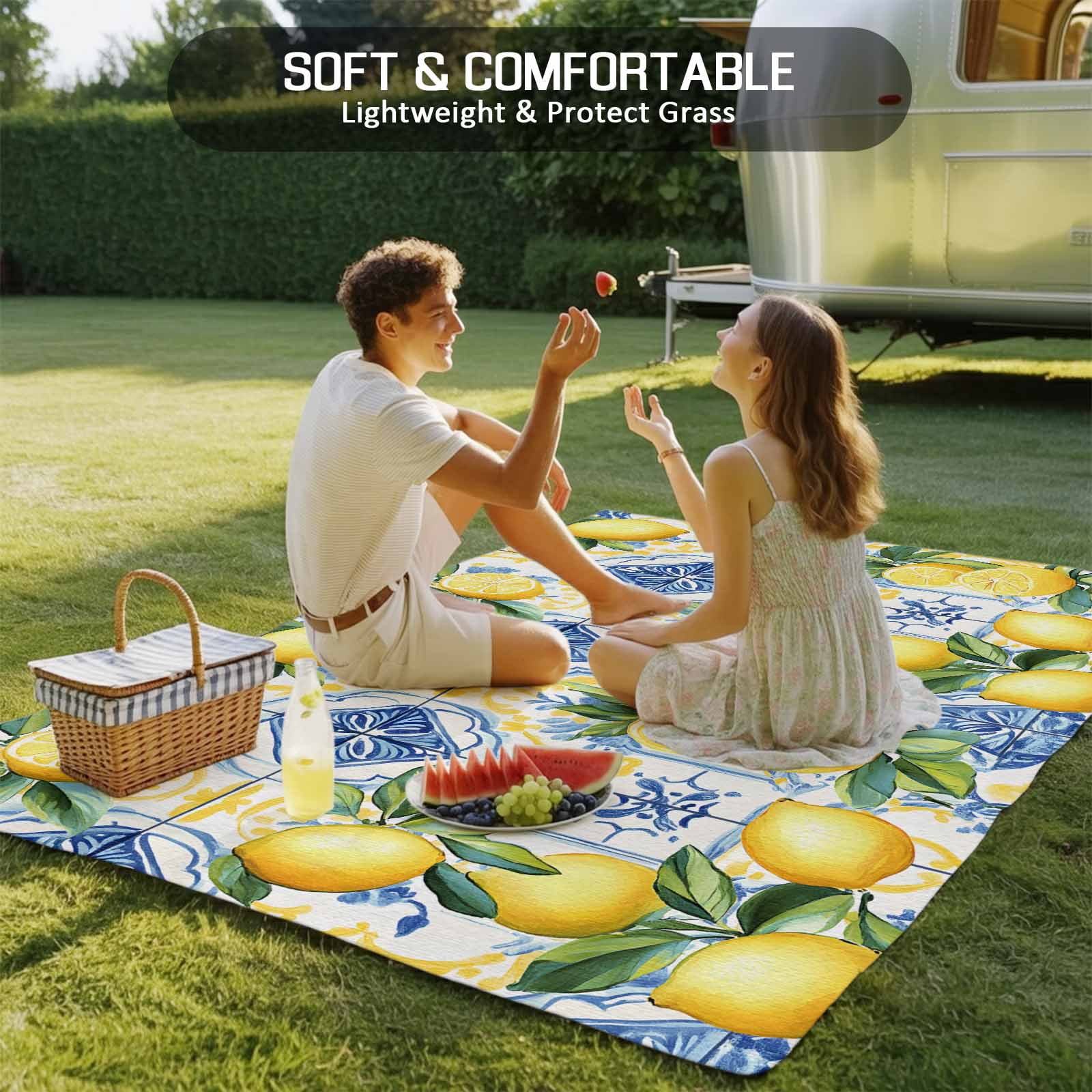 Fsddascl Botanical Lemon Outdoor Rug for Patio/Deck/Porch, Non-Slip Large Area Rug 4 x 6 Ft, Spring Countryside Floral Blue Tile Indoor Outdoor Rugs Washable Area Rugs, Reversible Camping Rug Carpet