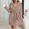 thumbnail image 4 of Women's Solid Color Long Sleeve Plush Bathrobe - Winter Warm Homewear, Khaki, M, 4 of 5