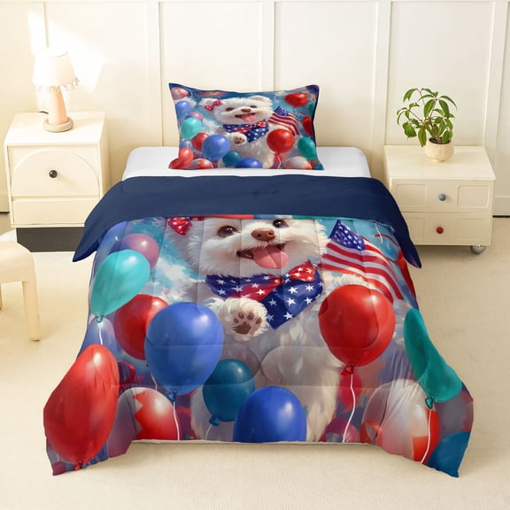 Homewish Pomeranian Dog Twin Comforter Sets,4Th Of July Bedding Set,White,Balloon Decor,Navy Blue Reversible,2 Pieces,1 Comforter and 1 Pillowcase