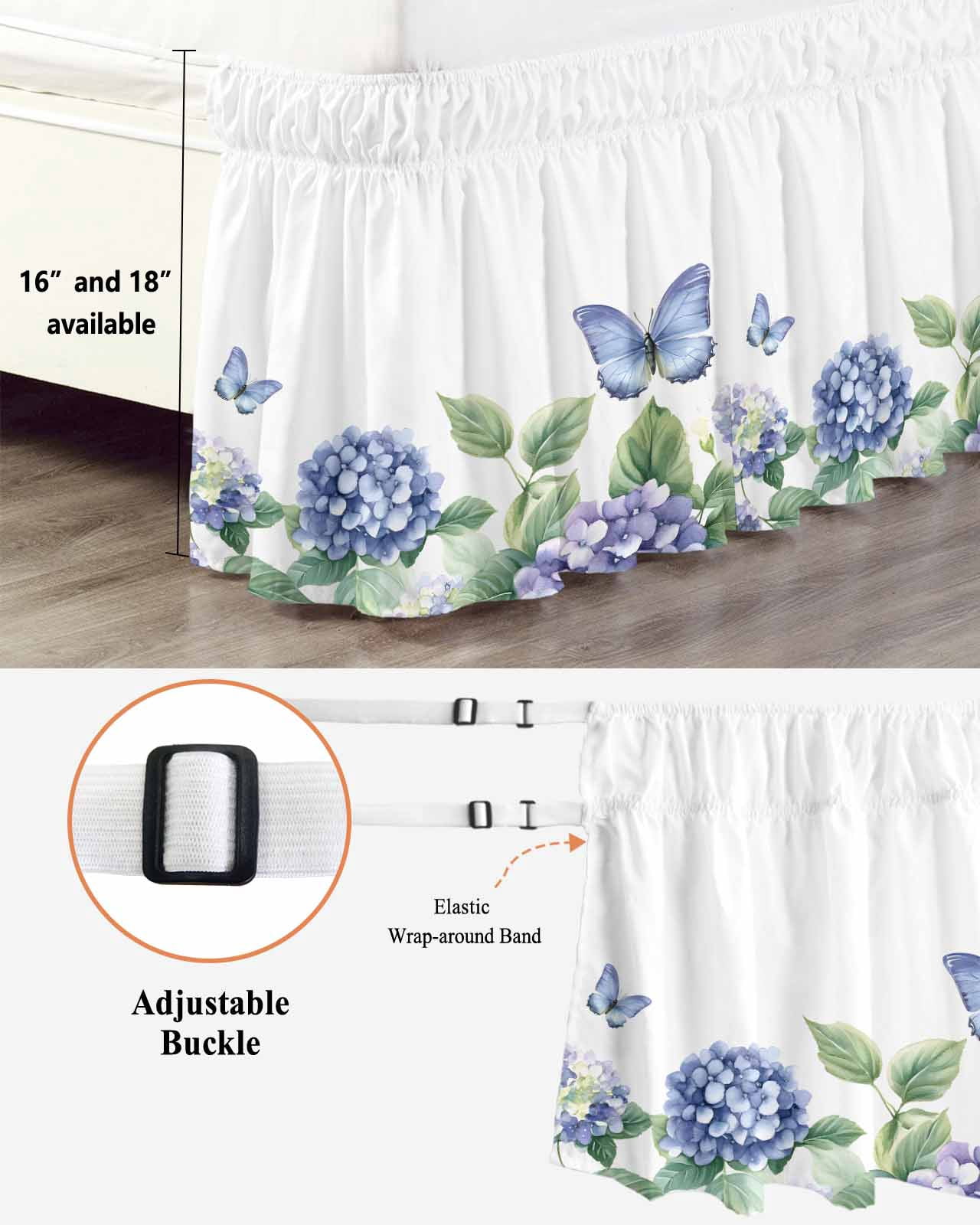 Flower Butterfly Wrap Around Bed Skirts for King Bed 18" Drop, Bed Skirt with Adjustable Elastic Belt Dust Ruffle Bed Valance for Bedroom Hotel Luxury Blue Purple Watercolor Wilflower Bed Frame Cover
