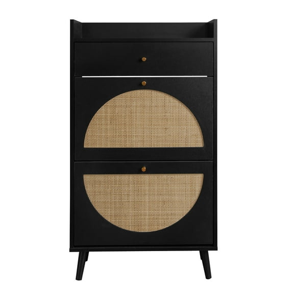 Lisonu Allen Rattan 2-Door 1-Drawer Cabinet Shoe Rack for Entrance, Black Particle Board, Double Layer