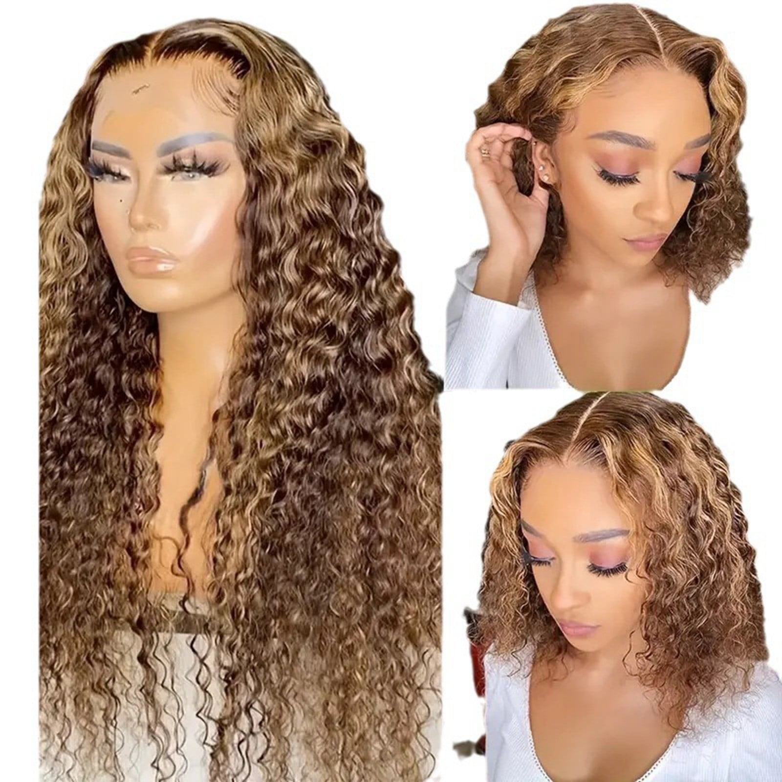Yoofe Wigs Human Hair,Front Lace Wig Front Lace Wig Women's Highlighted Gradient Wave Long Curly Hair Piano Color Wig Wave Wigs for Women Natural Color 1Pc,24 Inches