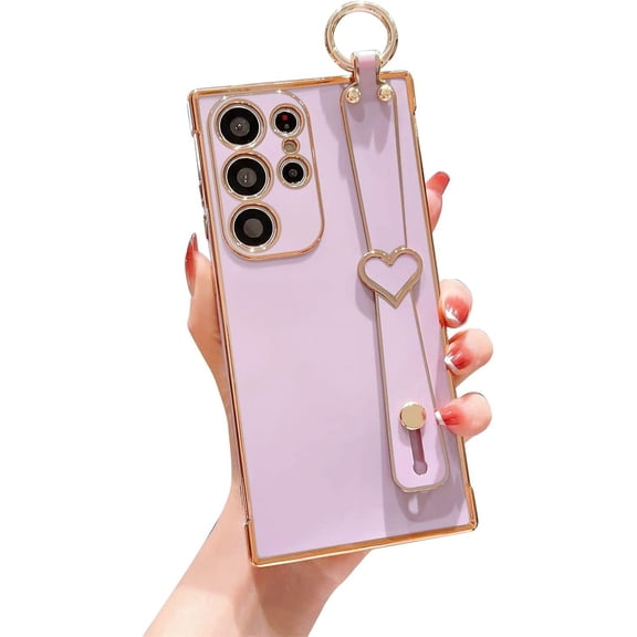 for Samsung Galaxy S23 Ultra 5g 6.8” with Cute Heart Wrist Strap Stand Luxury Plating Solid Color Camera Protection Cover for Women Soft Silicone Shockproof Bumper for S23 Ultra (Purple)
