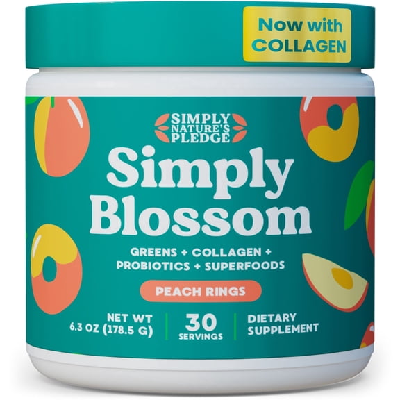 Simply Blossom Daily Greens & Superfood Powder with Collagen and Probiotics, Peach Rings, 30 Servings