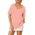 thumbnail image 2 of Women's Casual Short Sleeve Top, V-Neck Shirt with Pocket and Drawstring Hem, Soft Blouse for Everyday Wear, 2 of 6