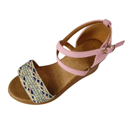 

LIANGP Women s Sandals Ladies Fashion Summer Ethnic Style Woven Buckle Wedge Heel Thick Sole Sandals Women s Shoes Pink Size 7