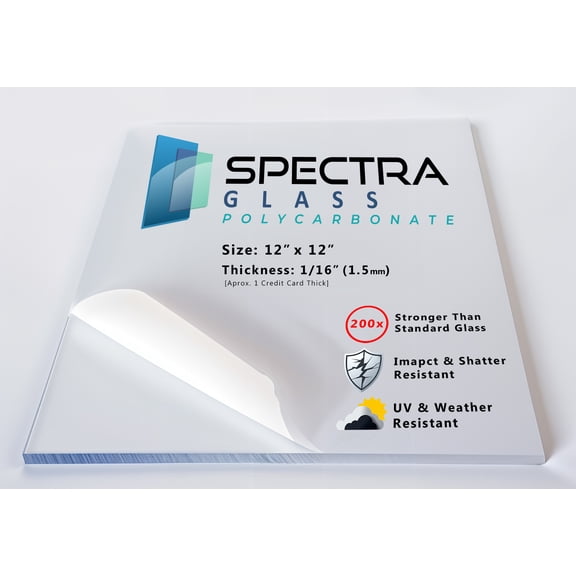 Spectra Glass Clear Polycarbonate Sheet with UV Coating. Lightweight and 200x Stronger than Glass. 12" x 12" x 1/16"
