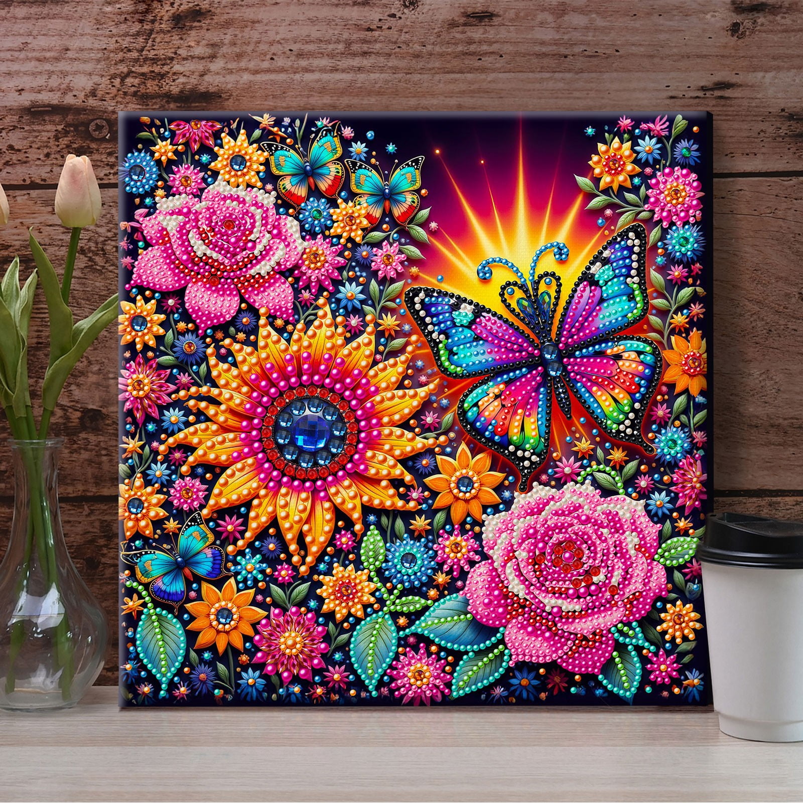 FLOPESN DIY Pearl Painting Kit with Wood Frame, 11.42x11.42 Inch Home Wall Art Decor, Mindful Adult Craft for Stress Relief and Relaxation-Butterfly-3