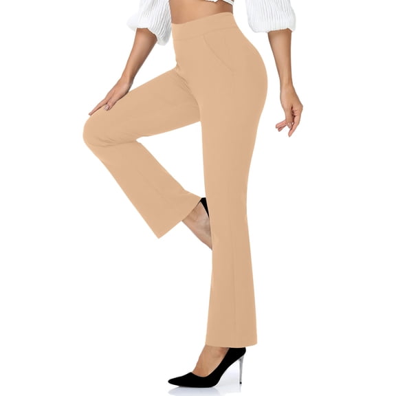 Staron Women's Flare Pants High Waist Casual Knitted Pull-On Trousers Solid Color Slim Fit Elastic Waist with Sashes Beach Vacation Travel, Khaki XXL