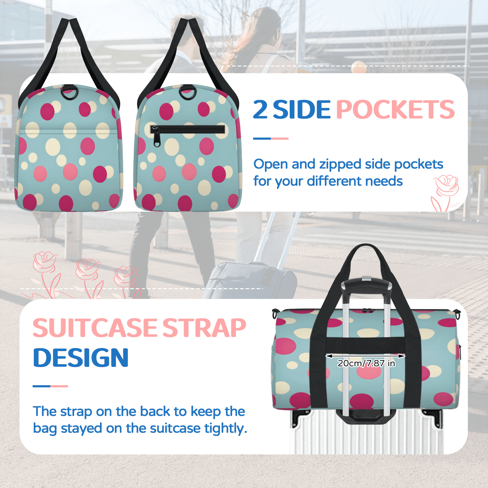 Herdesigns Polka Dot Travel Duffle Bag Sports Yoga Weekender Overnight Carry on Workout Bags Lightweight Waterproof Gym Tote Bag for Women Watercolor Rainbow Colorful