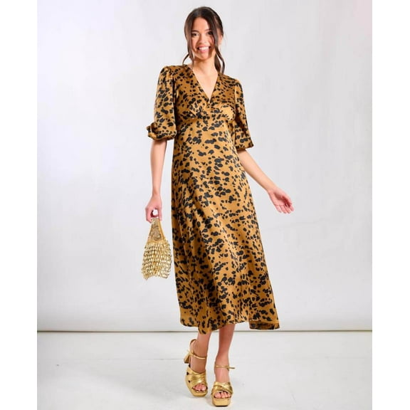 Brown Leopard Satin Midi Dress