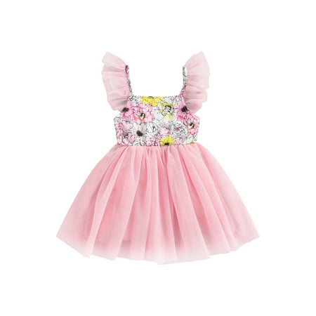 

Suanret Little Girls Summer Dress Flying Sleeve Flowers Tulle Multi-Layer Skirt Knee-Length Casual One-Piece Streetwear Pink 2-3 Years