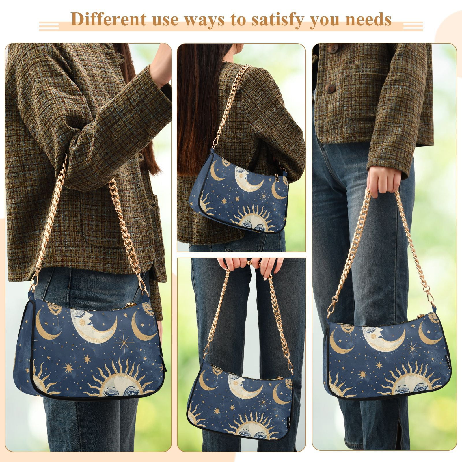 Whimsical Sun and MoonWomen Small Shoulder Bag Crossbody Tote Hobo Bags Purse Clutch Handbags with Chain Strap for Women