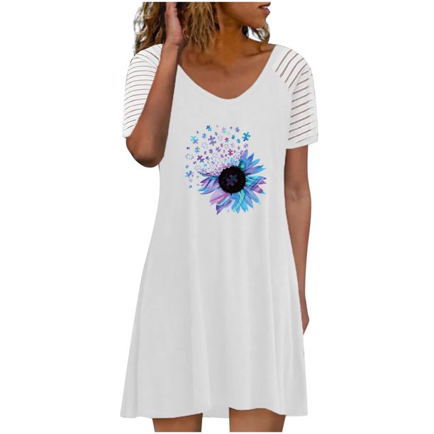 Moda mujer vestidos con cuello en v verano impresión casual manga corta vacaciones playa mini vestido Fridja qw6715