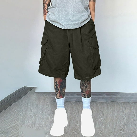 Cargo Shorts for Men with Pockets and Drawstring Elastic Waist Casual Solid Color Baggy Straight Wide Leg Below the Knee Bermuda Short