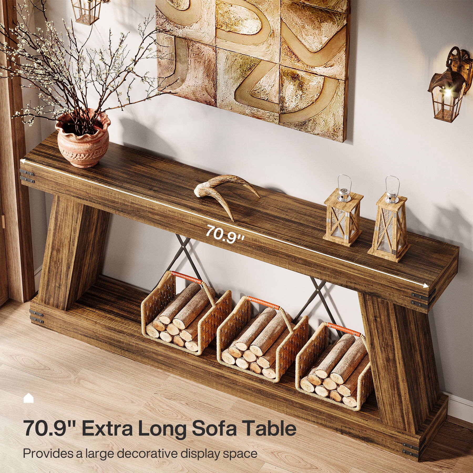 Fnova 70" Farmhouse Console Table, Long 2-Tier Entryway Table with X-Shaped Metal Support, Narrow Wood Sofa Table for Living Room, Hallway, Behind Couch, Dark Brown