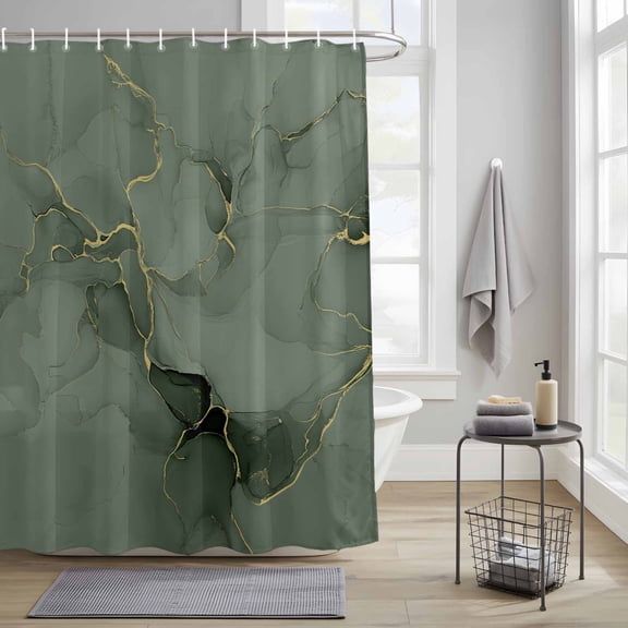 Bathroom Shower Curtain Abstract Modern Sage Green Marble Waterproof Shower Curtains with Hooks, Natural Texture Gold Stripe Bath Curtains Bathtub Curtain Home Decor 36x72in