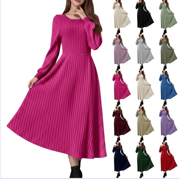 Byworldtasic Women's A Line Long Sleeve Casual Dress Round Neck Ribbed Knit Sweater Crewneck Midi Dresses