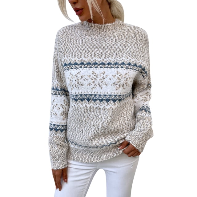 Pull de Noël pour Femmes Col Rond Mode Pull Mi-Long Blouse Ample Tricotée en Torsade Cardigan Doux Imprimé Graphique Tricoté Manches Longues Chaud