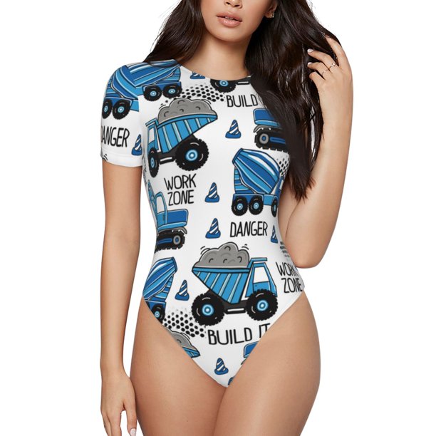 Balery Blue Excavator Body de cuello redondo de manga corta para mujer Tops de manga corta Tops básicos-Small