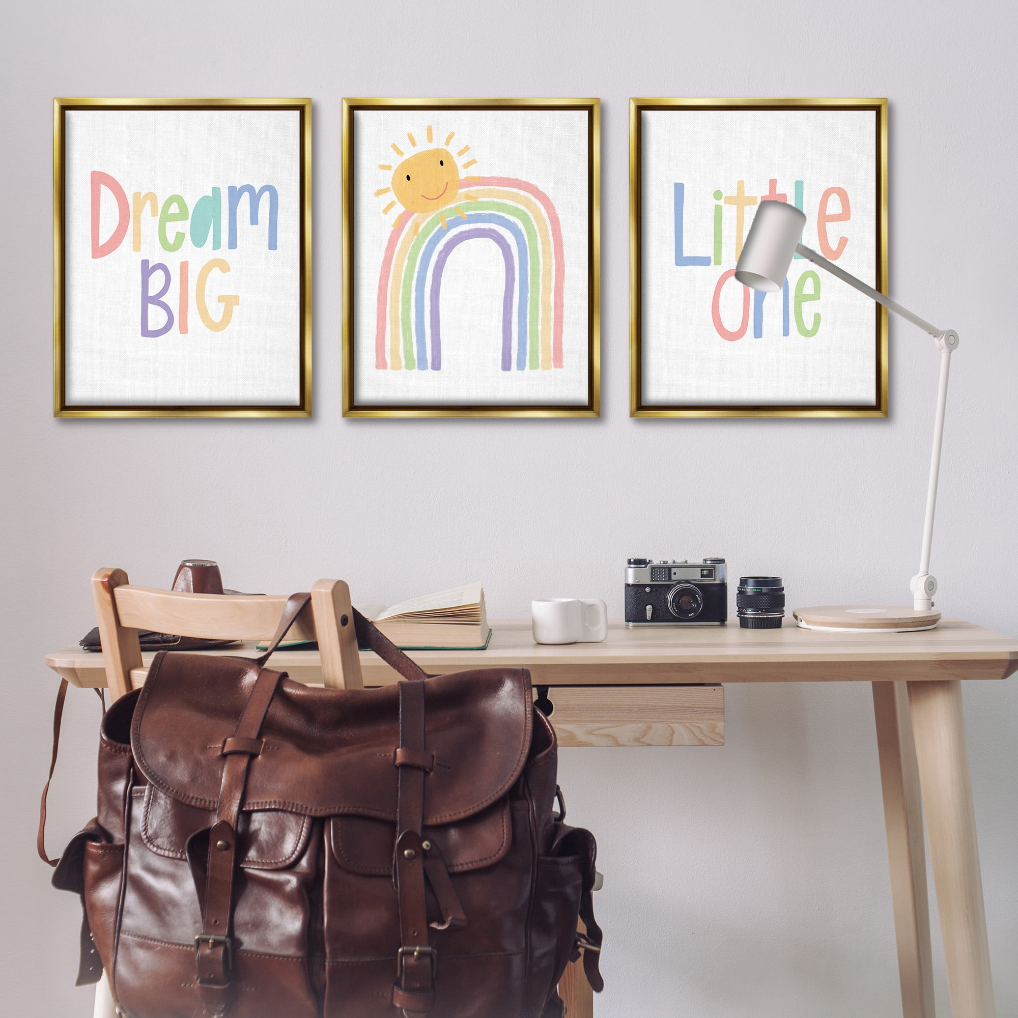 Stupell Industries Dream Big Little Illustration Typography Painting Gold Floater Framed Canvas Art Print Wall Art, 25 x 31, Set of 3