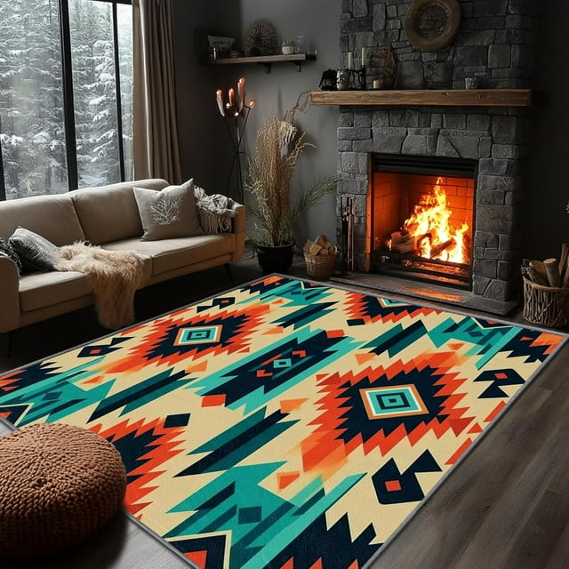 Yoozitrees Aztec Washable & Soft 5x7 Rug - Southwestern Tribal Area Carpet, Large Non Slip, Colorful Geometric Design for Home Decor