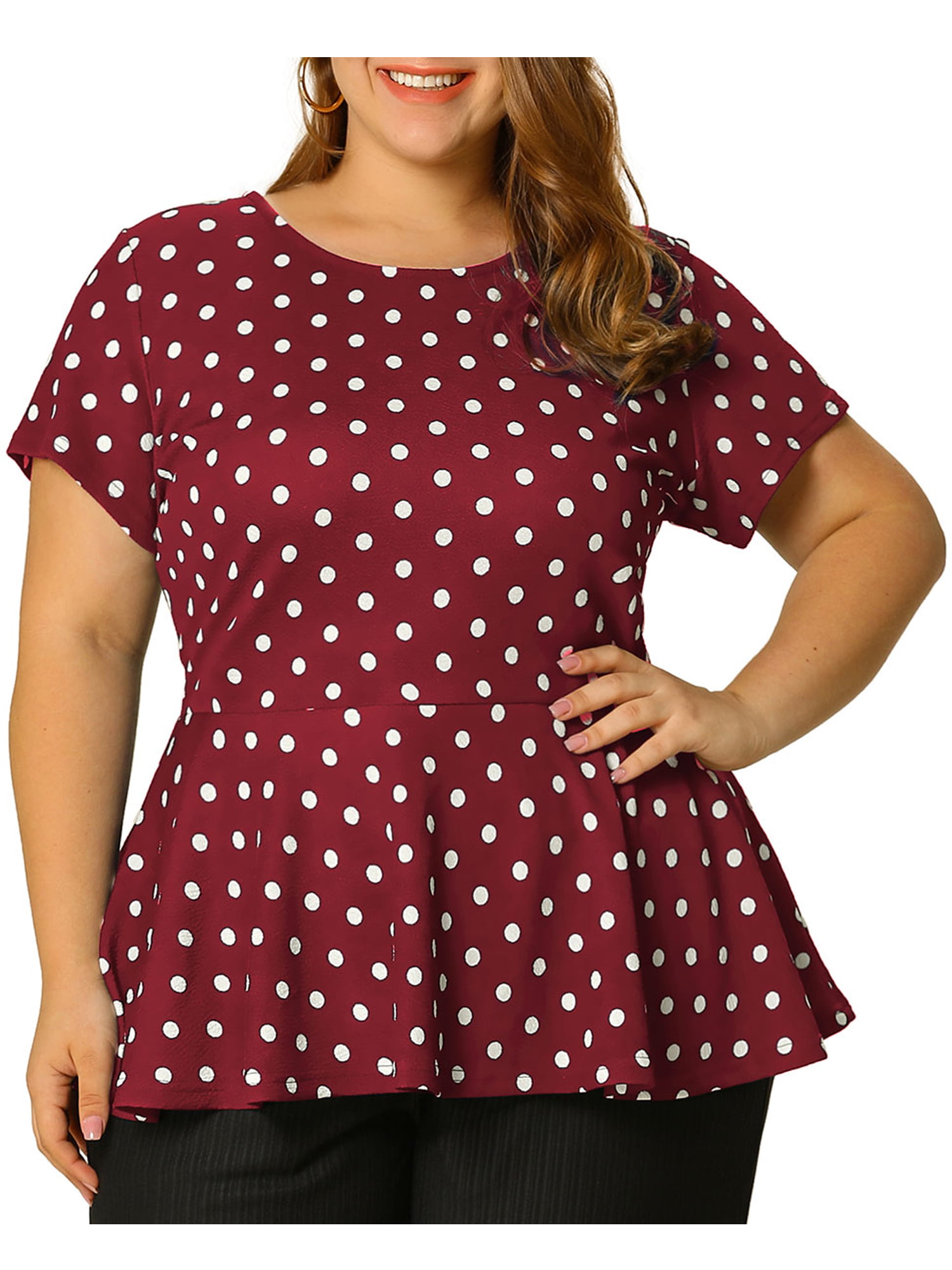 Women's Plus Size Dots Peplum Top 3X Burgundy - Walmart.com - Walmart.com