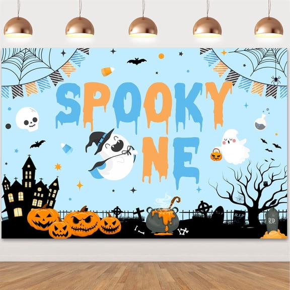 Blue and Orange Halloween Spooky One 1st Birthday Background Cloth for Party Decorations 150x100cm Vinyl Backdrop with Grommets and 6m White Ribbon for Kids Indoor Outdoor Celebration