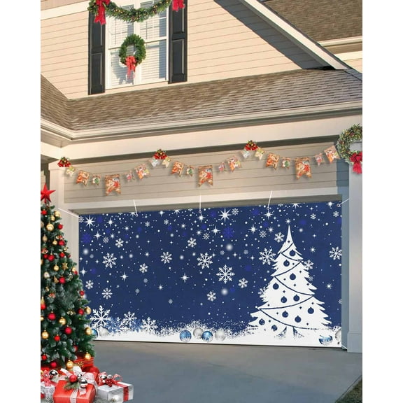 Fsddascl 7 x 16 Ft Christmas Garage Door Cover, Navy Blue Christmas Tree Large Garage Door Banner, Xmas Tree Snowflake Balls Hanging Garage Mural Background for Indoor Outdoor Xmas Party Supplies