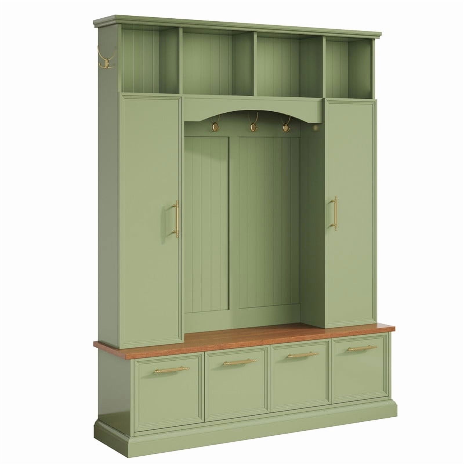 Farmhouse 4-in-1 Hall Tree with Golden Hooks & Handles, Entryway Shoe Bench with Adjustable Shelves, Farmhouse Coat & Shoe Rack for Mudroom
