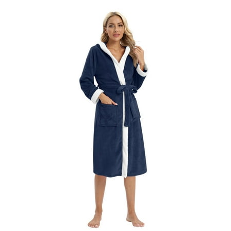 

WBQ Women s Fleece Hooded Robe Warm Plush Long Bathrobe for Women Soft Fuzzy Winter Nightgown For Home and Spa Blue Tag L/US 10