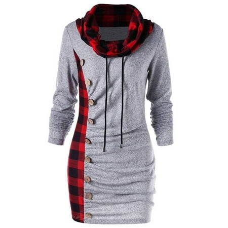 - JustVH Women's Cowl Neck Plaid Drawstring Button Sheath Ruched Tunic Sweatshirt Dress