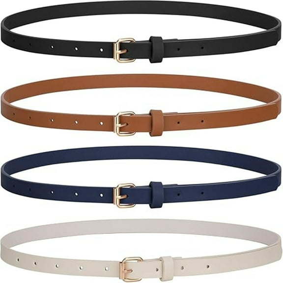 4 pcs Skinny Women Leather Belt for Dresses Thin Waist Belt for Jeans Pants with Gold Buckle