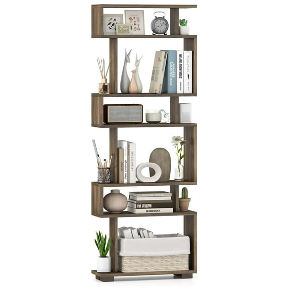 HHBEAUTY 6-Tier Geometric Bookcase, 64" Tall S-Shaped Bookshelf with Anti-Tipping Kit, Wood Freestanding Decorative Storage Display Shelves for Living Room, Bedroom & Home Office, Rustic Brown