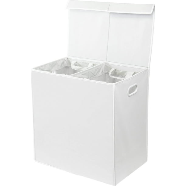 SimpleHouseware Double Laundry Hamper with Lid and Removable Laundry Bags, White