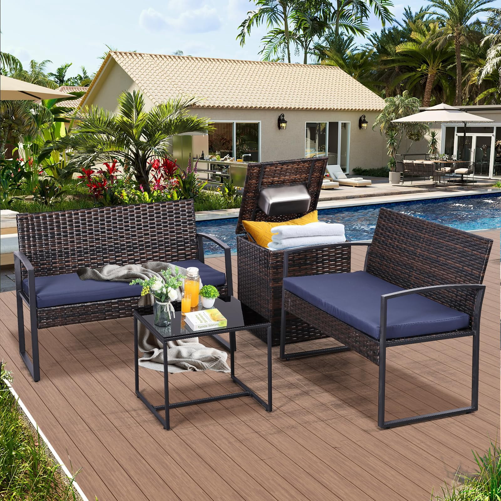 4 Piece Outdoor Patio Furniture Set,Wicker Conversation Sets Patio Sofa Couch with Built-in Beverage Cooler Storage Box & Coffee Table for Outside, Garden, Balcony, Porch,Brown/Blue