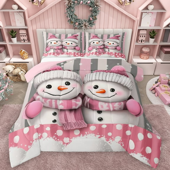 Manfei Cute Cartoon Snowman Bedding Comforter Set,Merry Christmas Twin Comforter Sets,Pink White Gray Bedding Set For Girls Kids,Ultra Soft Home Decor Reversible,2-Piece