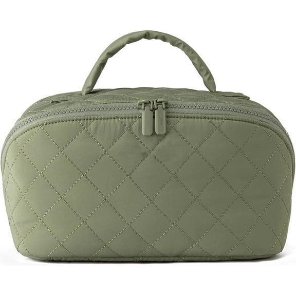 Petition Travel Makeup Bag for Woman,Festivalment Lay Flat Makeup Bag, Wide Open Water-Resistant Cosmetic Case,Puffy Padded Organizer for Toiletries & Brushes Large Capacity with Compartments (Khaki)