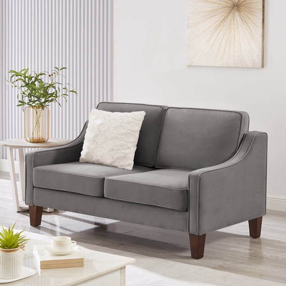 2-Seater Loveseat Sofa with Spring Seat Cushion, Velvet Upholstered Couches with Solid Rubber Wood Legs and Removable Covers, Easy Assembly for Living Room, Bedroom - Dark Gray
