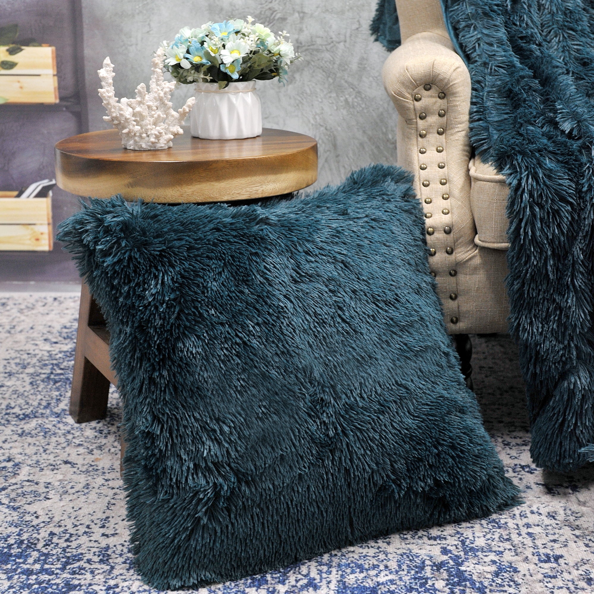 Home Soft Things Shaggy Throw & Pillow Cover 3 Piece Combo - Teal - 60" x 80"/20" x 20"