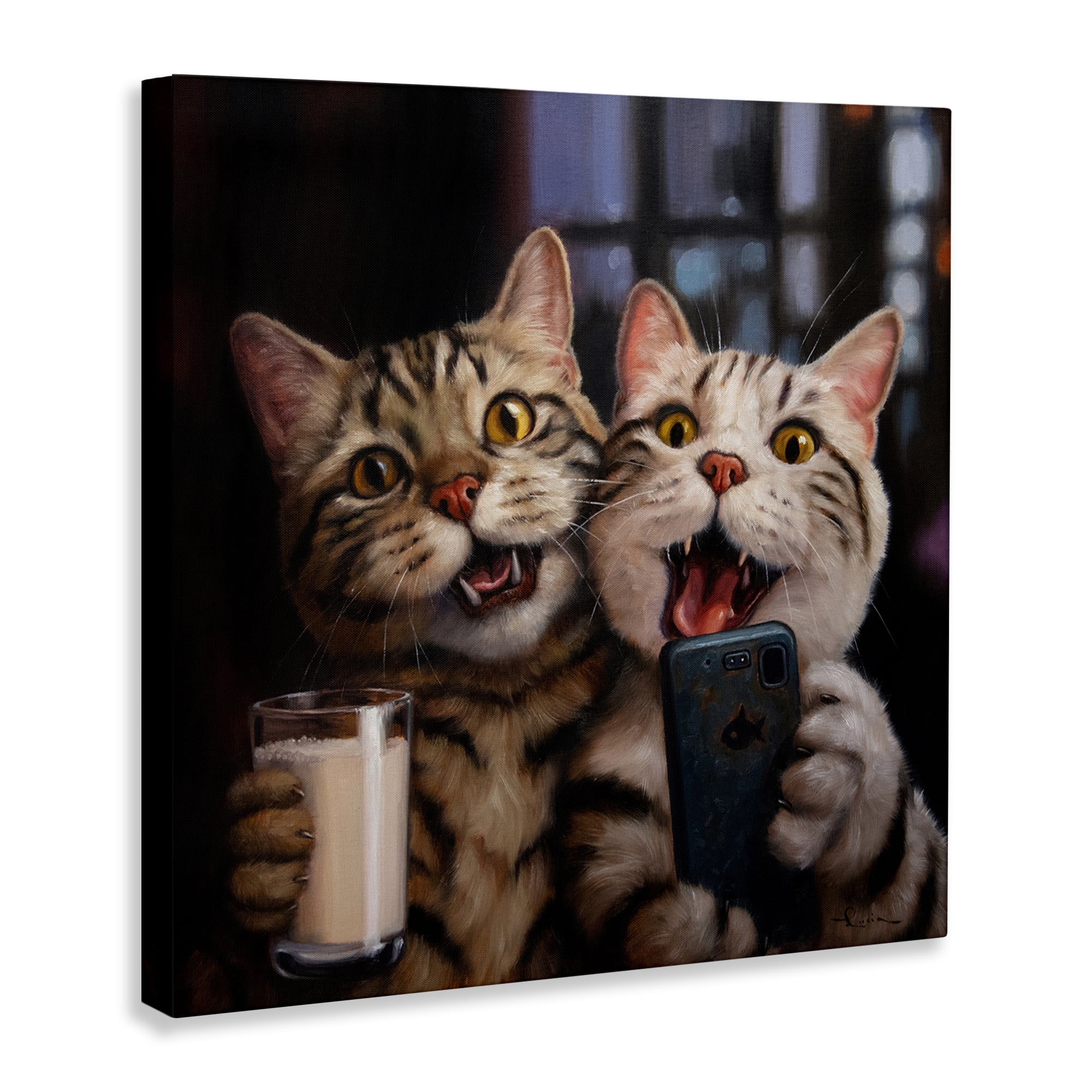 Stupell Industries Happy Selfie Cats Animals Painting Wrapped Canvas Art Print Wall Art, 24 x 24