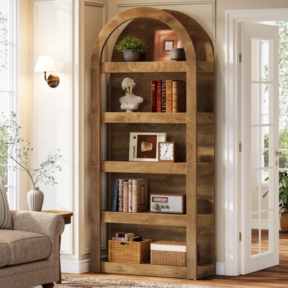 71-Inch 5-Tier Arched Bookshelf, Farmhouse Tall Bookcase with Narrow Wooden Display Shelves for Living Room, Bedroom, Home Office