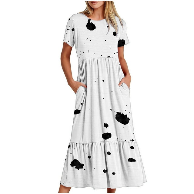 Fankiway Robe Longue d'Été à Manches Courtes et Col Rond Imprimée pour Femmes, Grande Taille, Liquidation