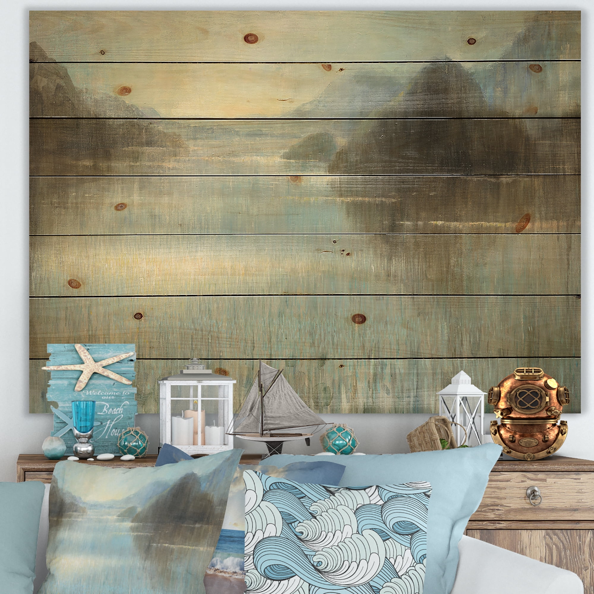 Designart 'Vue from Lase House' Lake House Print on Natural Pine Wood