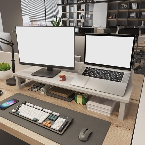 Dual Monitor Stand Riser, 39Inch Large Monitor Stands for 2 Monitors, Computer Monitor Stand, Wooden Desktop Oraganizer Shelf for Office Desk Computer,Laptop,TV