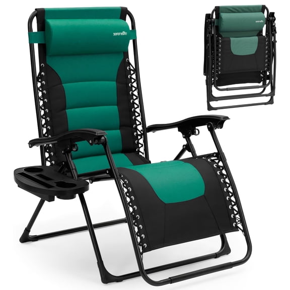 SereneLife Foldable Outdoor Zero Gravity Padded Lawn Chair, Adjustable Steel Mesh Recliners, w/Removable Pillows, and Cup Holder Side Tables, Set of 1, Green and Black