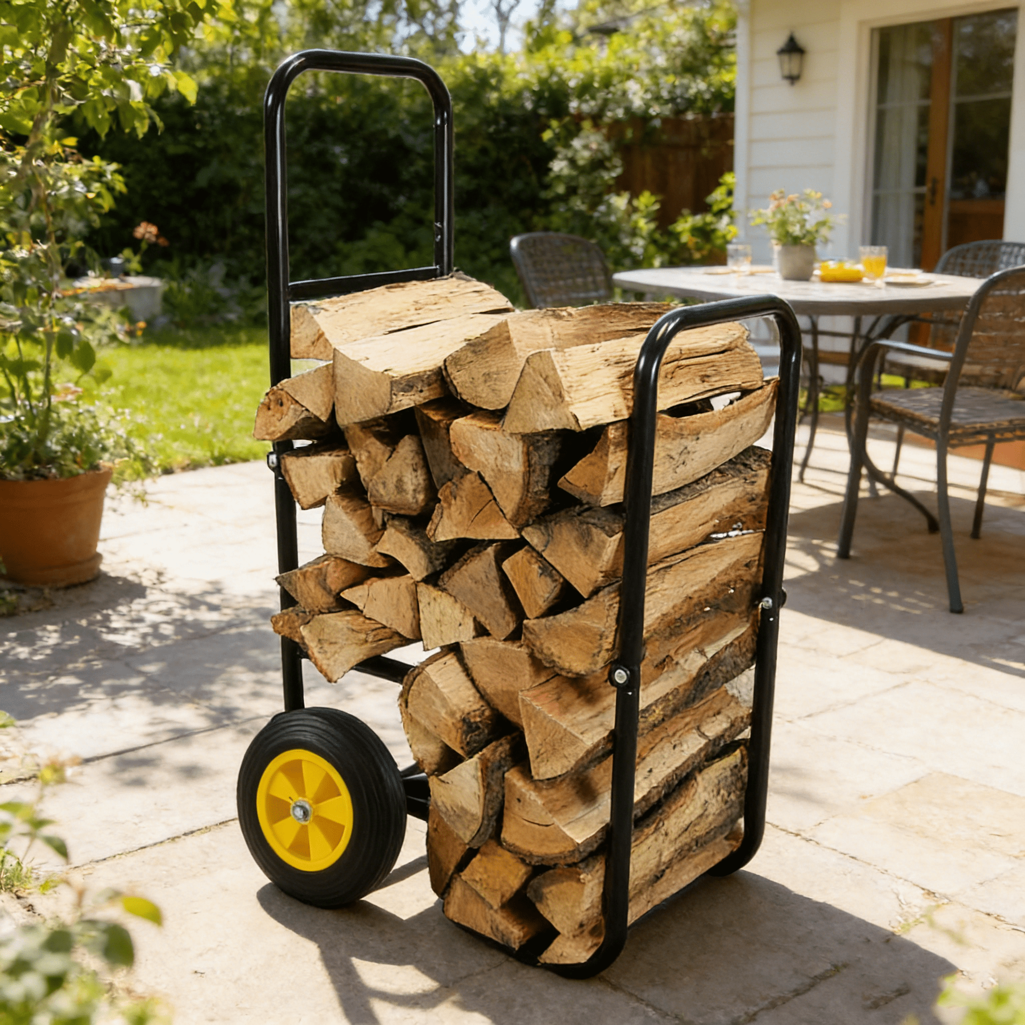 Dolly, Firewood Log Cart Carrier - Outdoor or Indoor Black Steel Wood Rack Storage Mover - Rolling Wheeled Metal Dolly Hauler - Wood Moving Equipment, Black Hand Truck,Iron Furniture Dolly