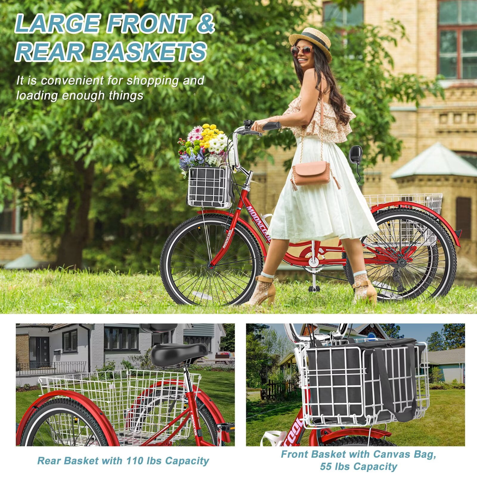 Lilypelle Adult Tricycles 7 Speed 24Inch Three Wheel Bike Cruiser Trike with Low-Step Through Frame/Large Front & Rear Basket for Men, Women, Seniors
