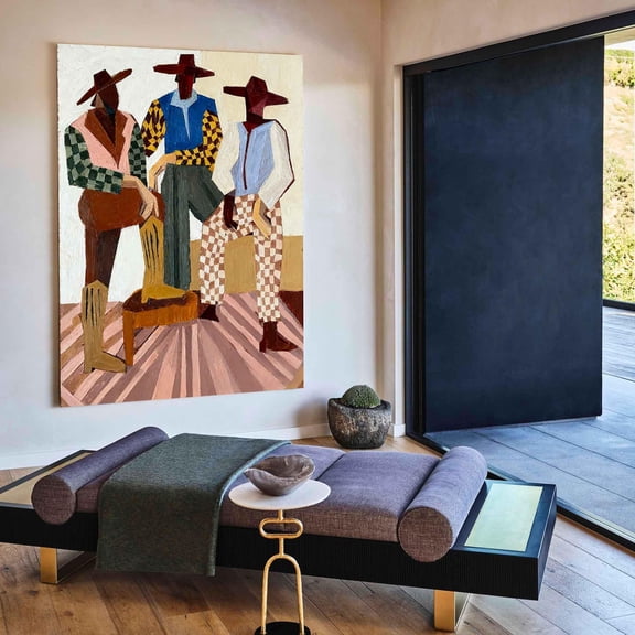 Stylized Cowboy Oil Painting – Three Cowboys in Bold Colors, Modern Abstract Art for Western and Contemporary Spaces, 12x18 UNFRAMED