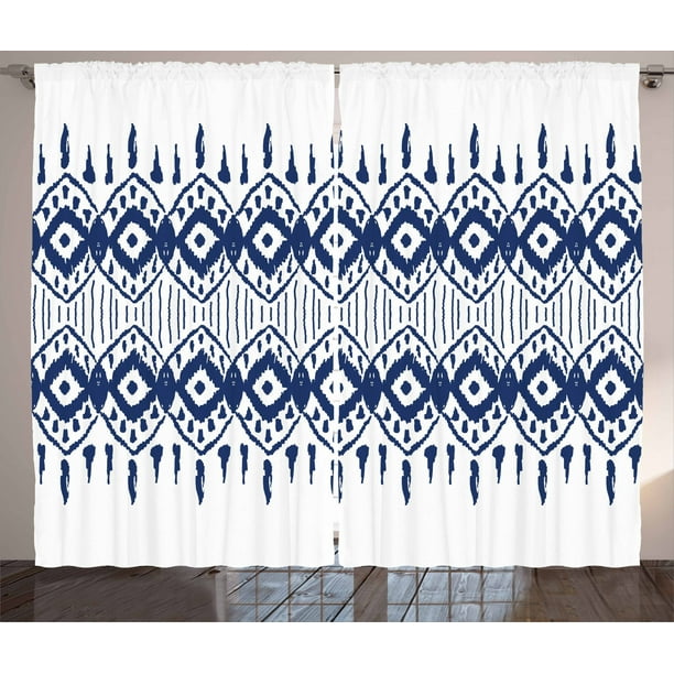 Ikat Curtains 2 Panels Set Asian Traditional Design Borders Tribal Art Geometrical Motifs And Shapes Window Ds For Living Room Bedroom 108w X 90l Inches Navy Blue White By Ambesonne Ikat Curtains 2 Panels Set Asian, Navy Ikat Curtains
